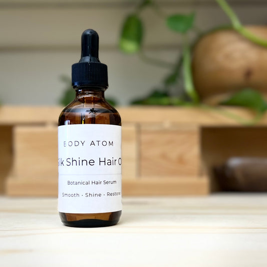 Silk Shine Hair Oil with argan and broccoli seed oil by Body Atom for smooth, glossy hair