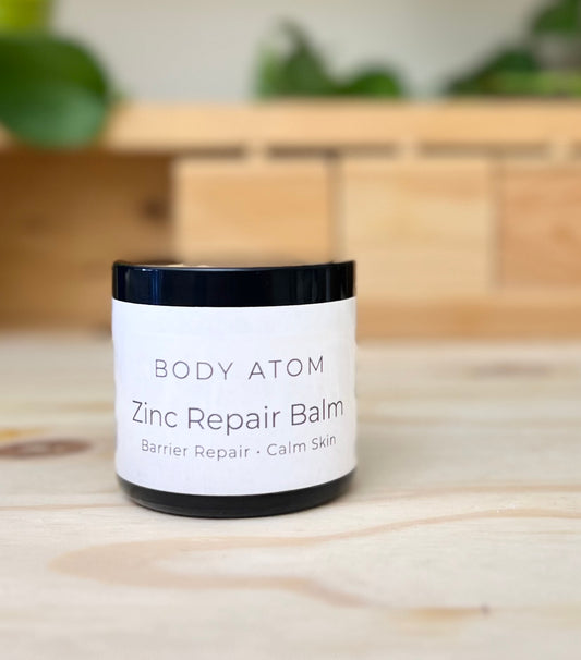 Zinc Repair Balm in amber glass jar – calming botanical skincare for irritated and sensitive skin by Body Atom